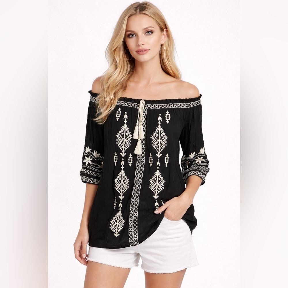 Tantrums Women’s Off The Shoulder Top Size Small Black W/white Embroidery Lined